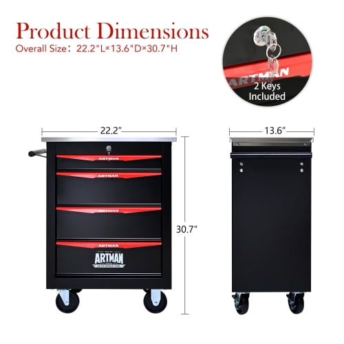 POVANLI 4 Drawer Portable Tool Box With Wheels,Tool Chest With Key Locking Tool Boxes/Organizers Black&Red