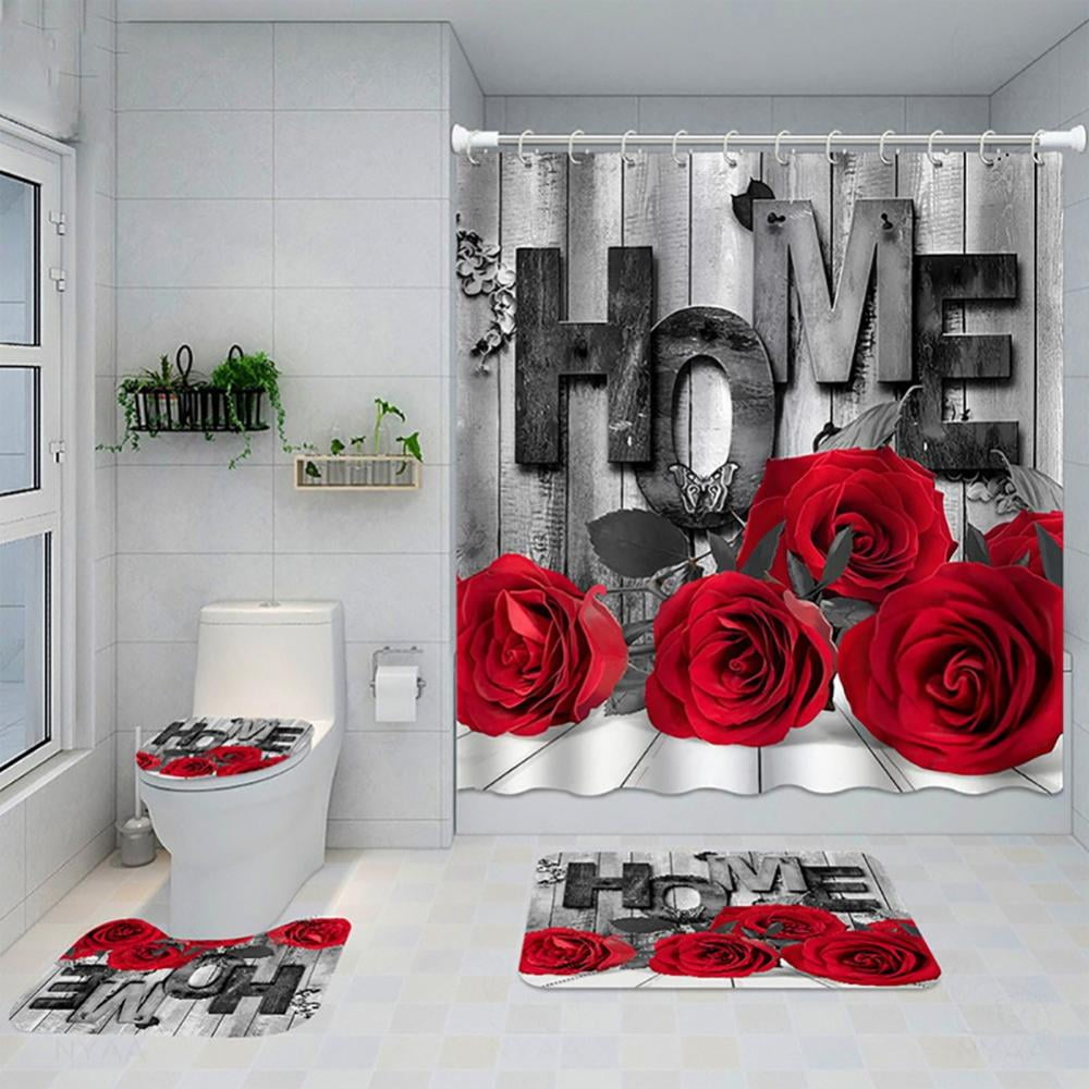 Bathroom Decor Valentine's Day Rose Floral Shower Curtain Set Hooks 72" 