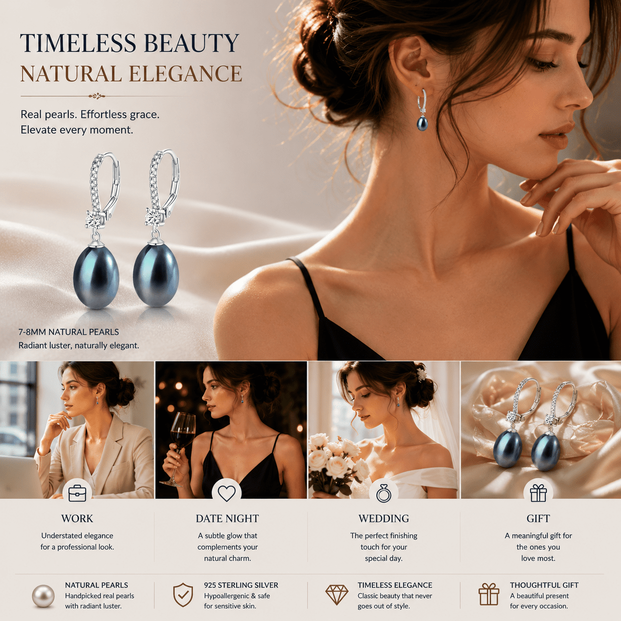 Yami 8-8.5mm  Cultured Black Teardrop Pearl Earrings Stud in 925 Sterling Silver Dangle Hypoallergenic Valentine's Day  Gift for Her