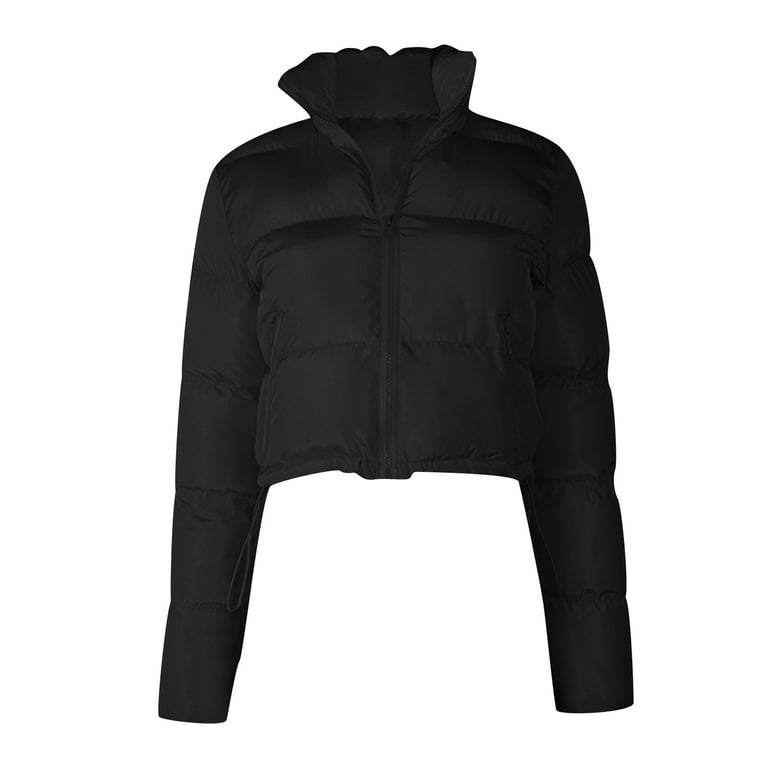  Winter Black Cropped Hooded Puffer Jacket Quilted