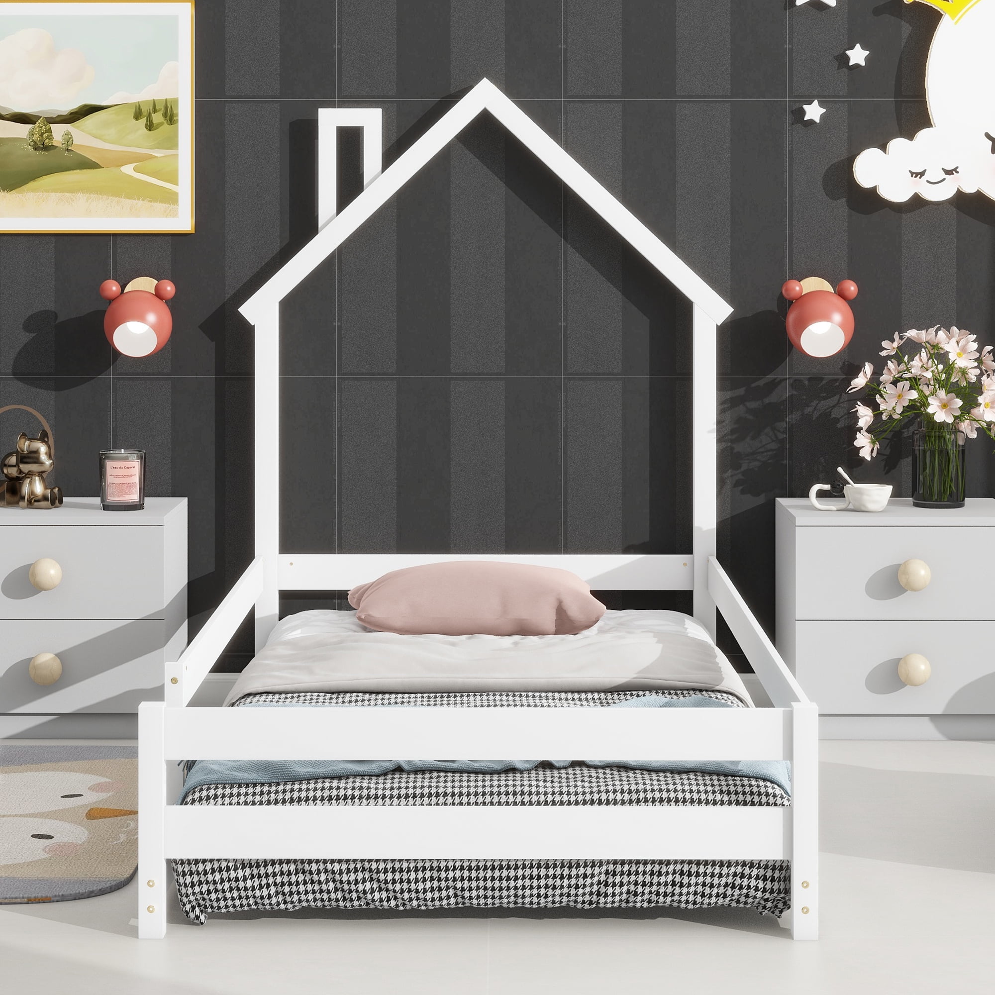 Euroco Twin Size House Bed, Low Profile Floor Bed with Chimney, White