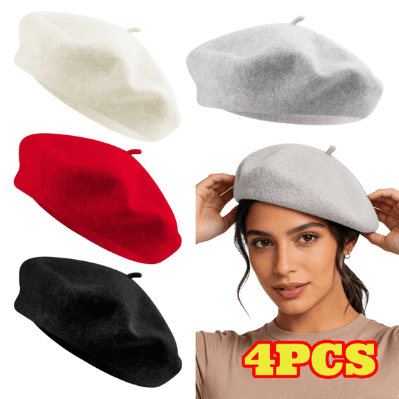4pcs Cotton Beret Hats for Women, French Style Beret Beanie Cap Solid Color Winter Hat