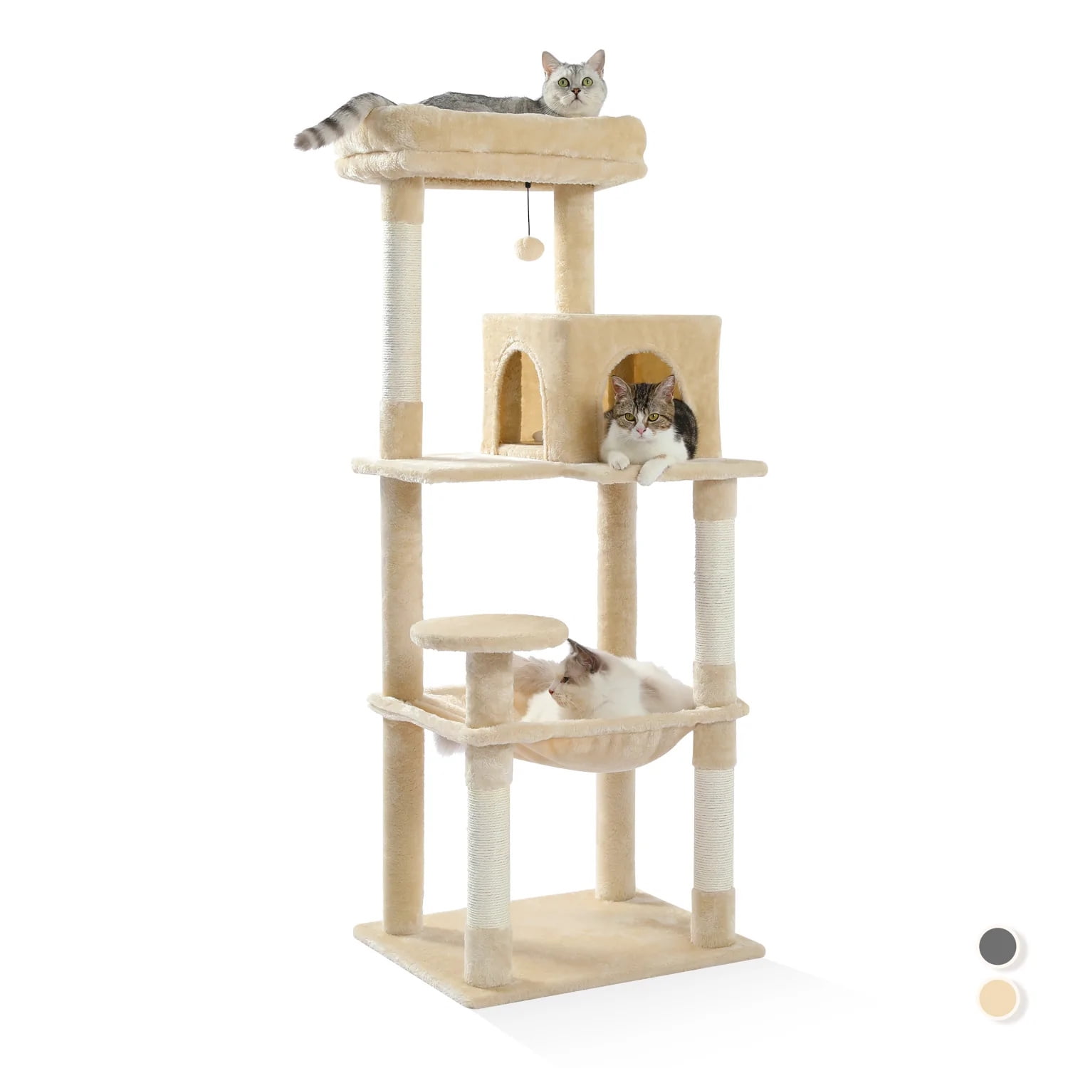 Pefilos 56" Wooden Cat Tower House for Large Cats Cat Tree for Indoor Cats with Cozy Cat Condo, Super Large Hammock and Plush Perches, Beige Pefilos 56" Wooden Cat Tower House for Large Cats Cat Tree for Indoor Cats with Cozy Cat Condo, Super Large Hammock and Plush Perches, Beige