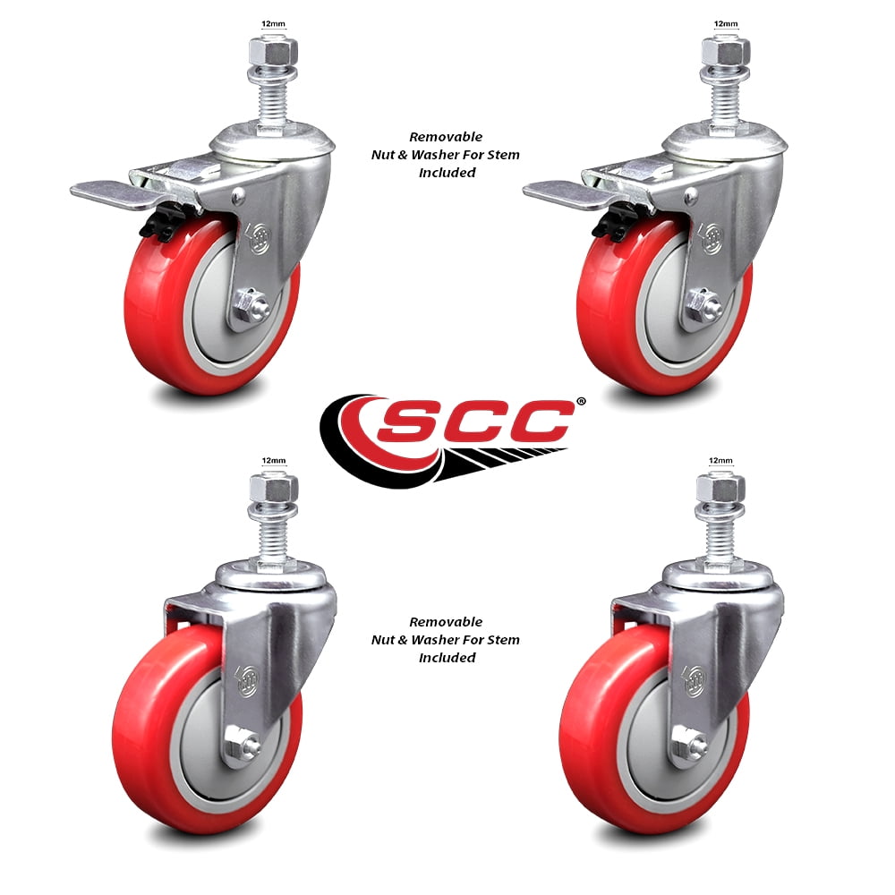 Polyurethane Swivel Threaded Stem Caster Set of 4 w/4" x 1.25" Red