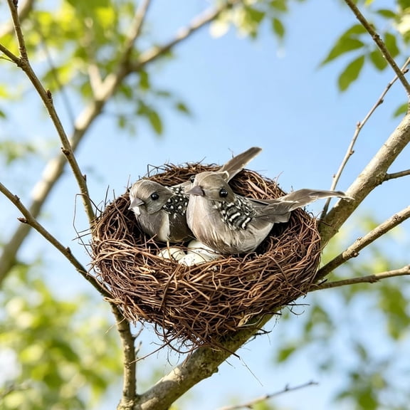 Artificial Sparrow Nest Set, 2 Clip On Birds with Rattan Nest and Faux Eggs, Realistic Feathered Ornaments for Tree and Wreath - Gray