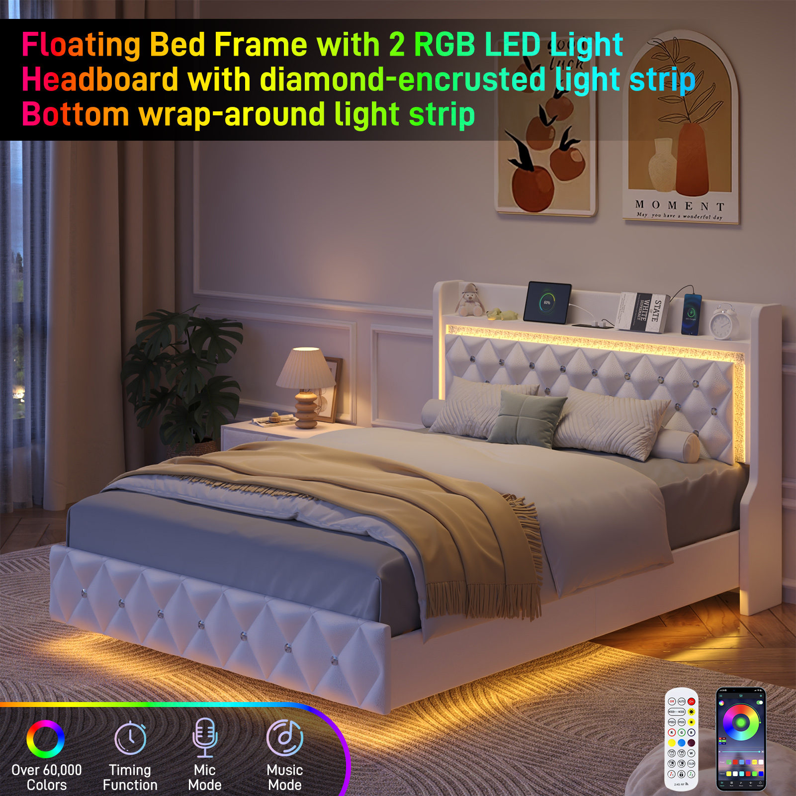 Blotout Floating Queen Bed Frame with LED Lights&Power Outlet, Upholstered Pu Leather Platform Bed with Diamond Tufted Storage Headboard & Footboard, No Box Spring Needed, Noise Free, White
