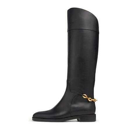 FSJ Women Classic Knee High Riding Flats Booties Round Closed Toe Back Gold Tone Chain Wide Calf Stacked Low Heel Pull On Shoes Size 12 Black