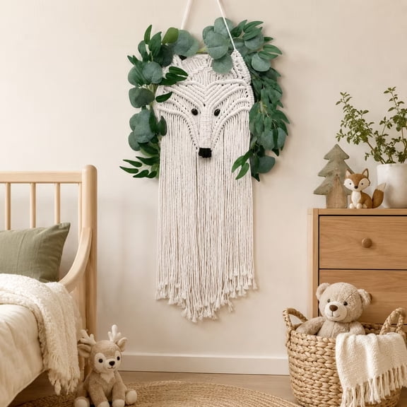 Macrame Fox Wall Hanging, Boho Woodland Animal Wall Decor with Fringe for Nursery, Kids Room, Bedroom and Living Room