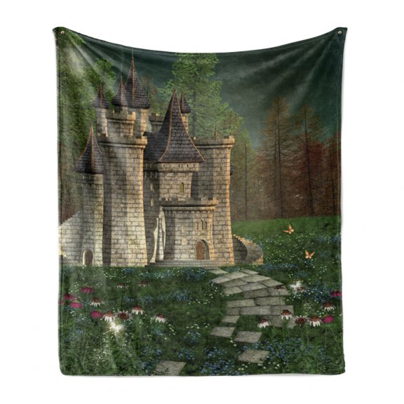 Fairy Tale Soft Flannel Fleece Blanket, Fairy Castle Design with Curved Ladders in an Enchanted Forest with Butterflies, Cozy Plush for Indoor and Outdoor Use, 50" x 70", Multicolor, by Ambesonne