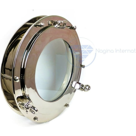 Nagina International Solid Heavy Brass Premium Nickle Polished Deep Flange Porthole Window | Home Decor Accessories | Nautical Porthole Gift (12 Inches)