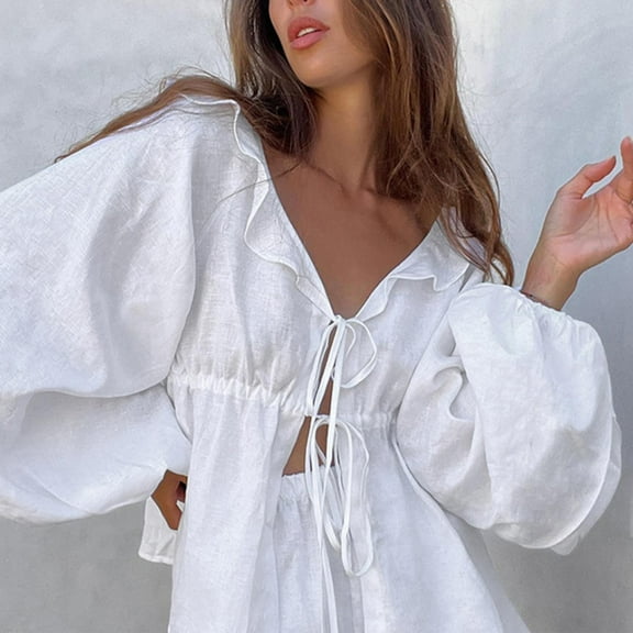 GZWYHT Lounge Sets for Women Comfy Sets for Women Clothing Casual Loose Long Sleeved Tops Shorts Suit Fashion Temperament Elegant Suit Two Piece Sets for Women Two Piece Sets for Women Summer White L