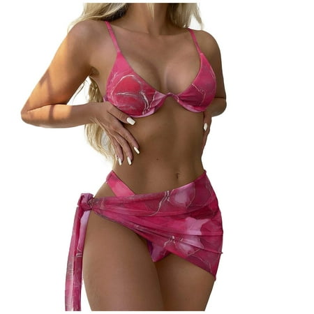 YOTMKGDO Tankini Swimsuits For Women  Women Fashion Strap Wrap Pad High Waist Prints Bikini Set Swimsuit Thong Swimwear Three Pieces Bathing Suit  3 Piece Swimsuits For Women Pink+L
