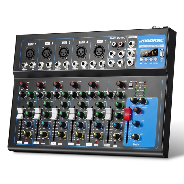 Mezclador de interfaz de audio Riworal de 7 canales con Bluetooth +48V