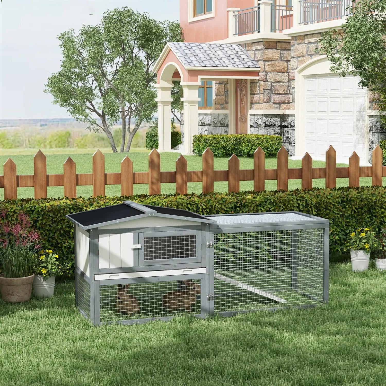Pefilos 61" Outdoor Wooden Rabbit Hutch with Run, Trays and Feeding Trough, Outdoor Bunny Enclosure Guinea Pig Cage for Small Animals, Gray