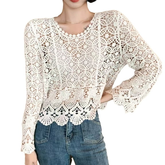 Aellinatey Women Crochet Knit See Through Tops Long Sleeve Crew Neck Shirt Blouse Tops
