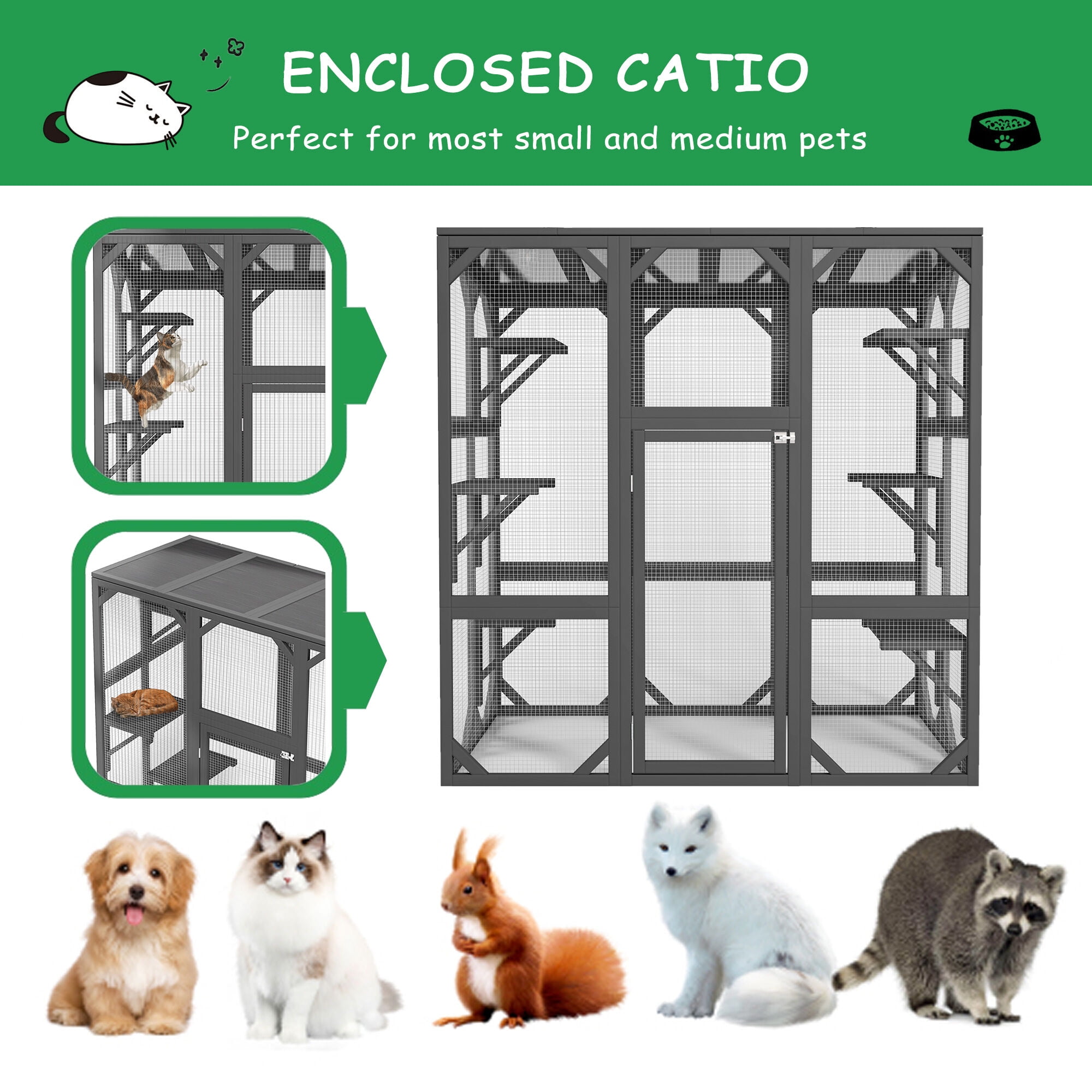 Pet Pens & Hutches Catio Outdoor Cat Enclosure Cat House Wooden Cat Cage Large Feral Cat Shelter for Mulitiple Cats with Six Platforms, Large Enter Door, Waterproof Roof 60" Grey,Dog Pens