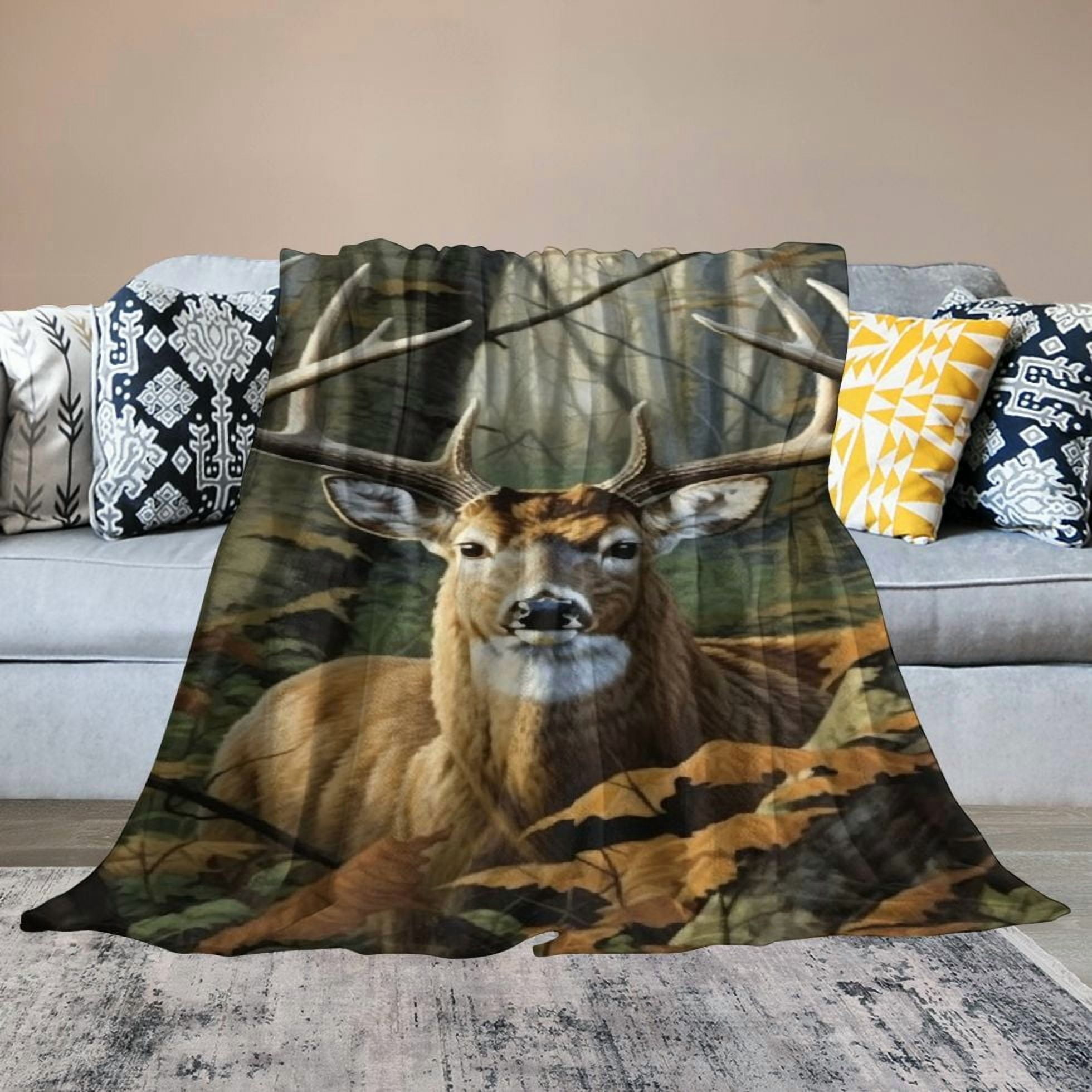 BCIIG  Camo Buck Deer Fleece Blanket for Bed,Queen Size Woodland Fleece Throw Blanket for Men, Women and Kids - Super Soft Plush Deer Blanket Throw, Queen size blanket 60x80in