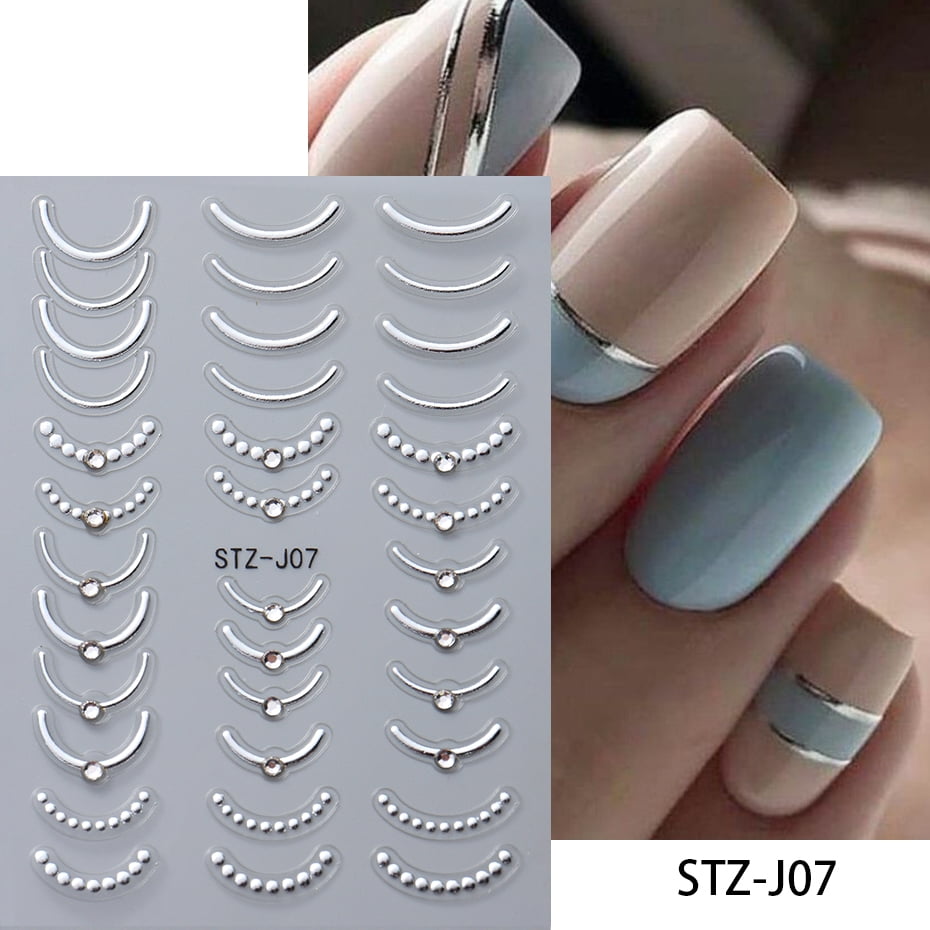 5D Rhinestones Gold Silver French Tips Nail Stickers Retro Wave Simple Line Design Adhesive Slider Nail Art Decoration Decals