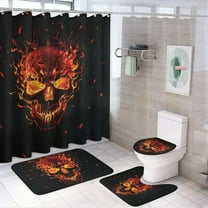 Skull Flaming Blast 4 Pcs Bathroom Shower Curtain Set,Bathroom Sets with Rugs (Bath Mat,U Shape and Toilet Lid Cover Mat), Bathroom Decor Set