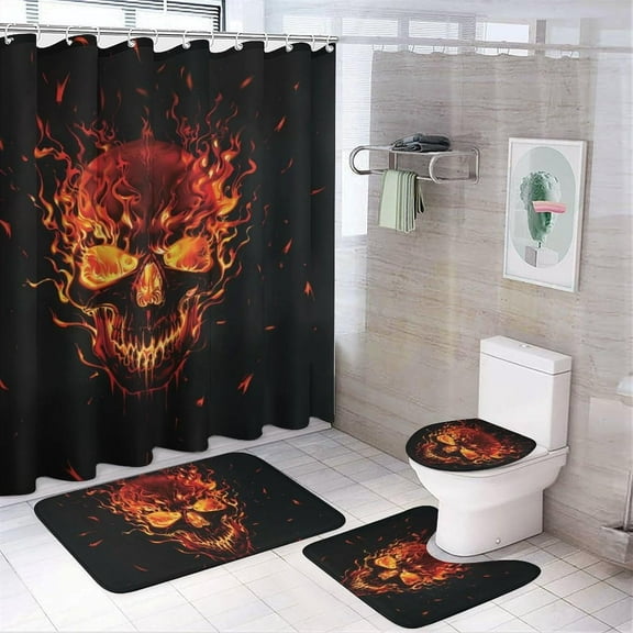 Skull Flaming Blast 4 Pcs Bathroom Shower Curtain Set,Bathroom Sets with Rugs (Bath Mat,U Shape and Toilet Lid Cover Mat), Bathroom Decor Set
