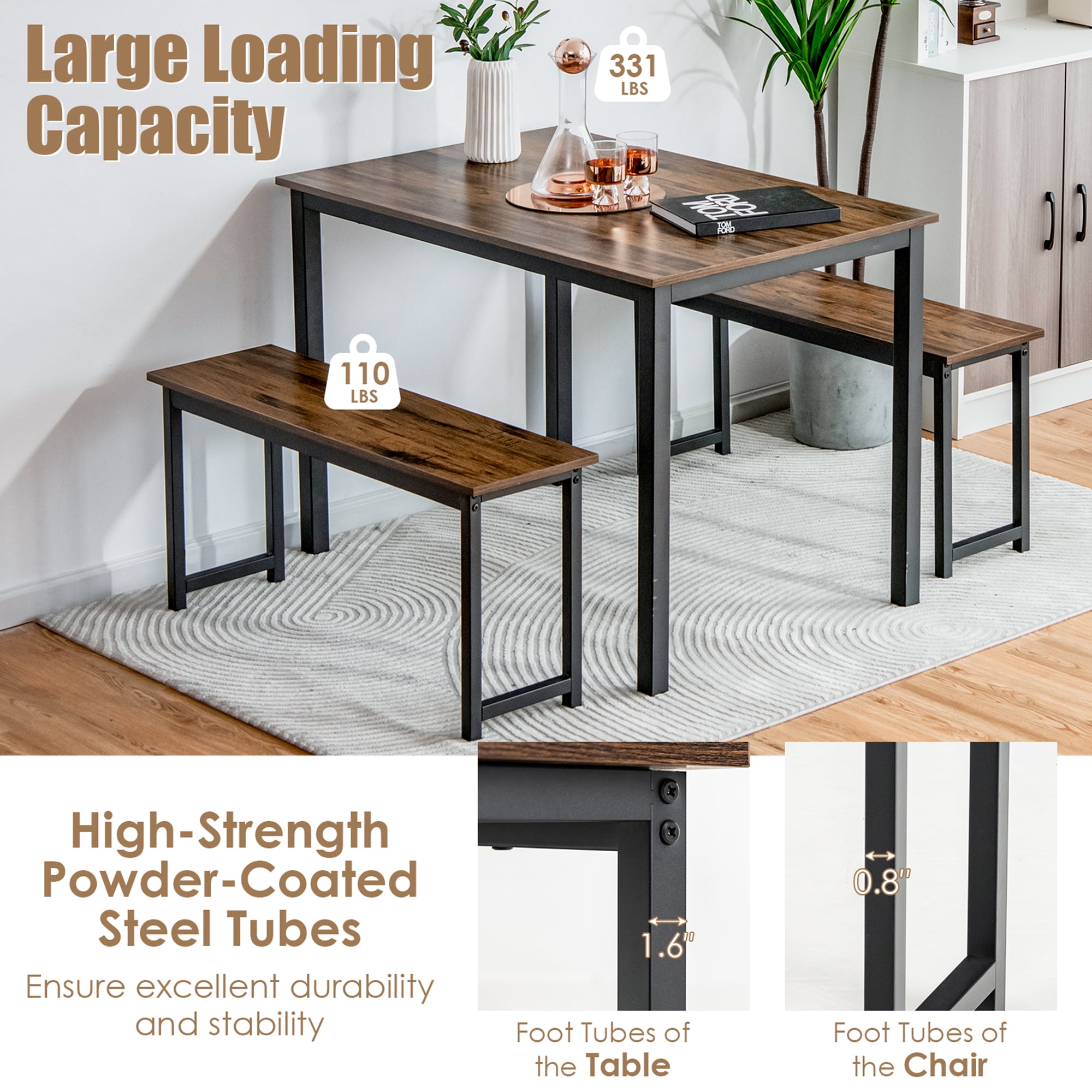 Gymax Brown Modern 3 PCS Dining Table Bench Set w/ Metal Frame & Wooden Tabletop