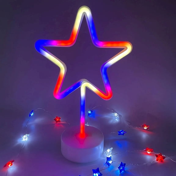 CoreLiving LED Neon Star Lights with Base USB Powered Patriotic Red White and Blue Glow for 4th of July Independence Day Memorial Day Decorations Home Indoor Outdoor Table Centerpiece