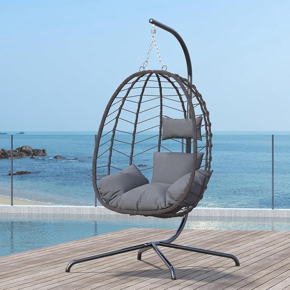 Foldable Hanging Egg Chair with Stand and Cushions, Outdoor Indoor Wicker Rattan Swing Chair with Headrest, UV-Resistant and Weatherproof Basket Chair for Patio, Garden, Balcony, Backyard, Poolside