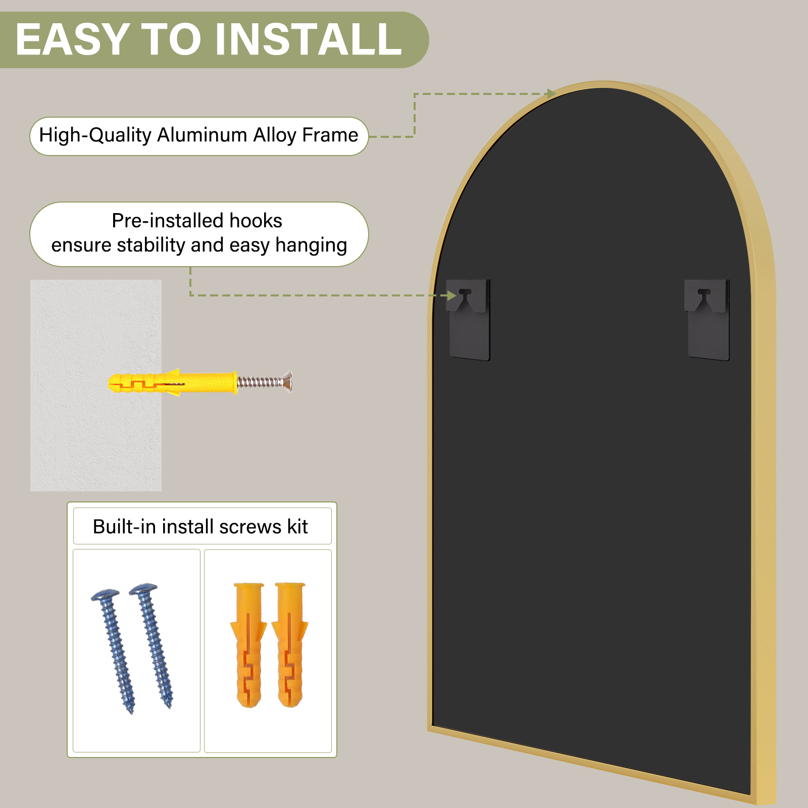 Gleamira 30"x38" Arched Bathroom Mirror Wall Mounted with Metal Frame, Gold