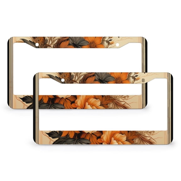 2 Pcs Set Fall Thanksgiving Floral License Plate Frame Welcome Halloween Thanksgiving Standard Car Tag Cover Holder Quality Aluminum Metal 2 Round Holes Car Accessories US Canada Standard
