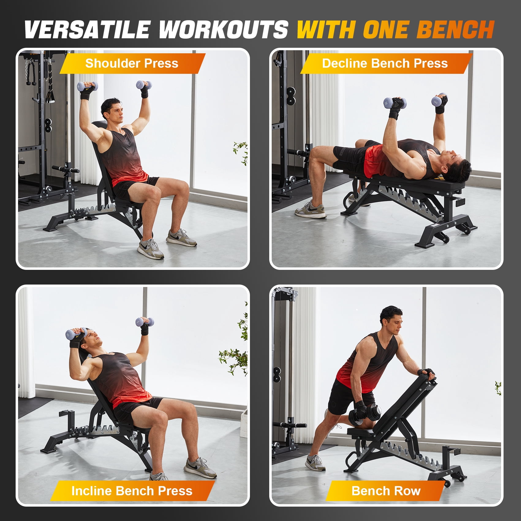 GXMMAT Adjustable Weight Bench, Heavy Duty Workout Bench for Body Strength Training and Garage Gym, Home Gym Exercise Equipment with Wheels, Quick Installation, Can Be Stored Upright