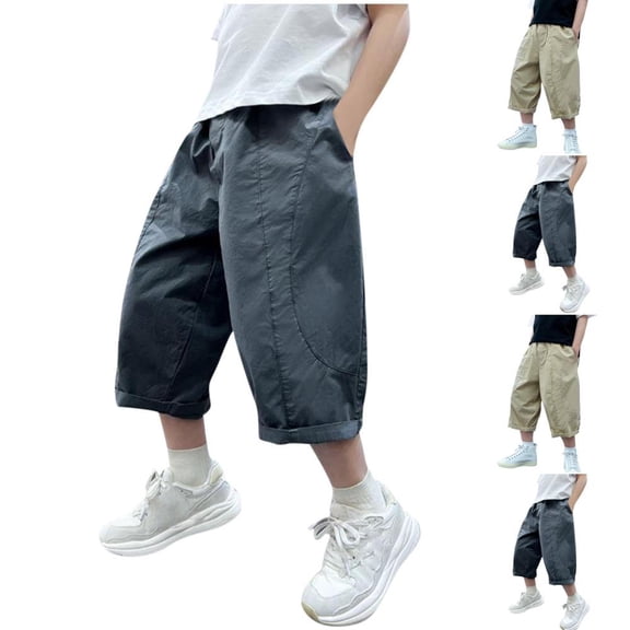 BXSRUTA Boys' Summer Shorts Elastic Waist Cotton Blend Soft Breathable Lightweight Workwear Style Three Quarter Length for Daily Wear Multiple Sizes