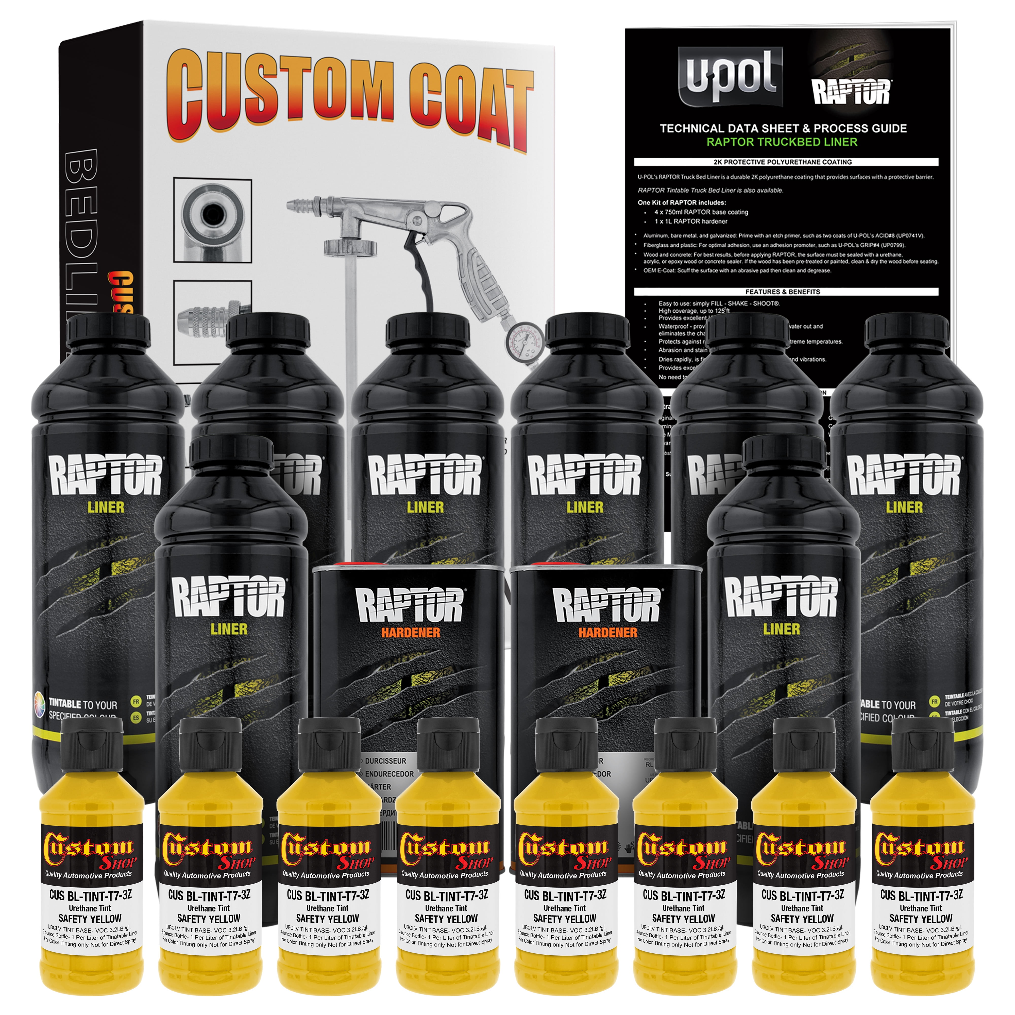 U-POL Raptor Safety Yellow Urethane Spray-On Truck Bed Liner Kit w/ FREE  Custom Coat Spray Gun with Regulator, Liters