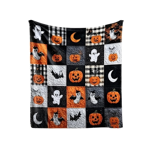 Halloween Quilted Throw Blanket, Pumpkin Ghost Bat Patchwork Soft Cozy Cover Blanket for Sofa Home Holiday Decor