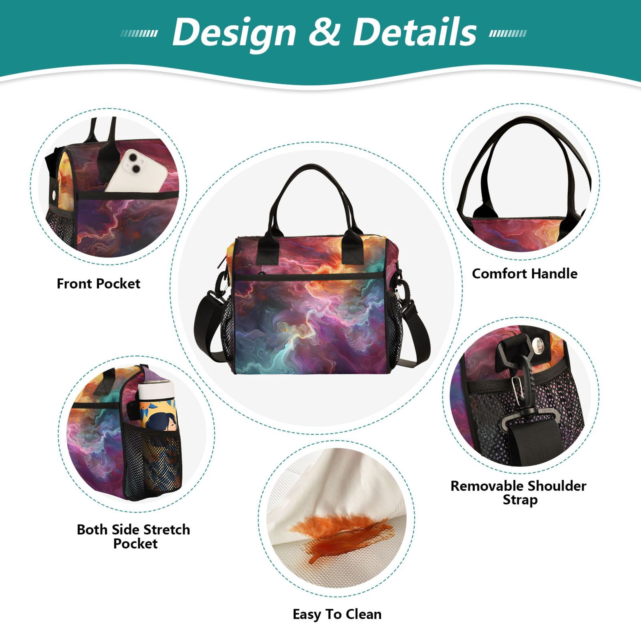 Lunch Bag Insulated Lunch Box Leakproof Reusable Cooler Tote Adjustable Shoulder Strap for Men Women Colorful Nebulae Mixture 9L