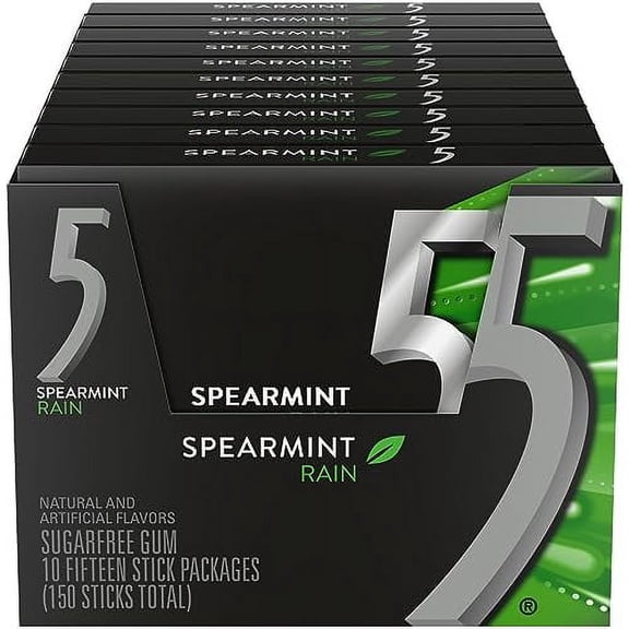 5 Gum Spearmint Rain Sugarfree Gum, 15 Piece (10 pack)..