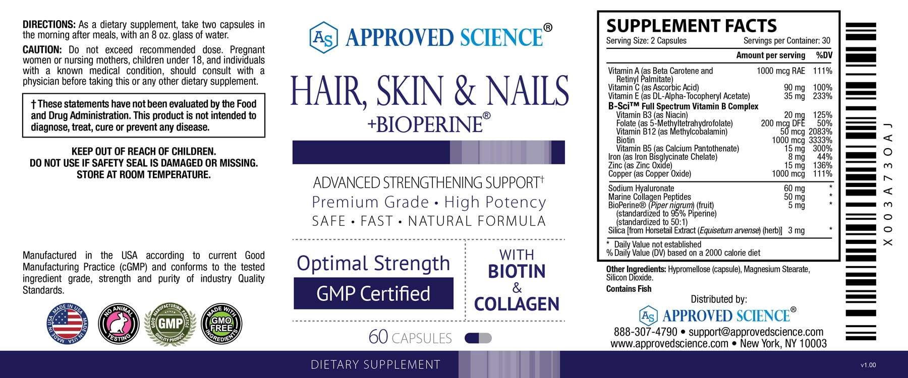 Approved Science Hair, Skin and Nails - Support Supplement - Biotin, Collagen, Vitamin B Complex, Silica, BioPerine - 60 Capsules - 1 Month Supply