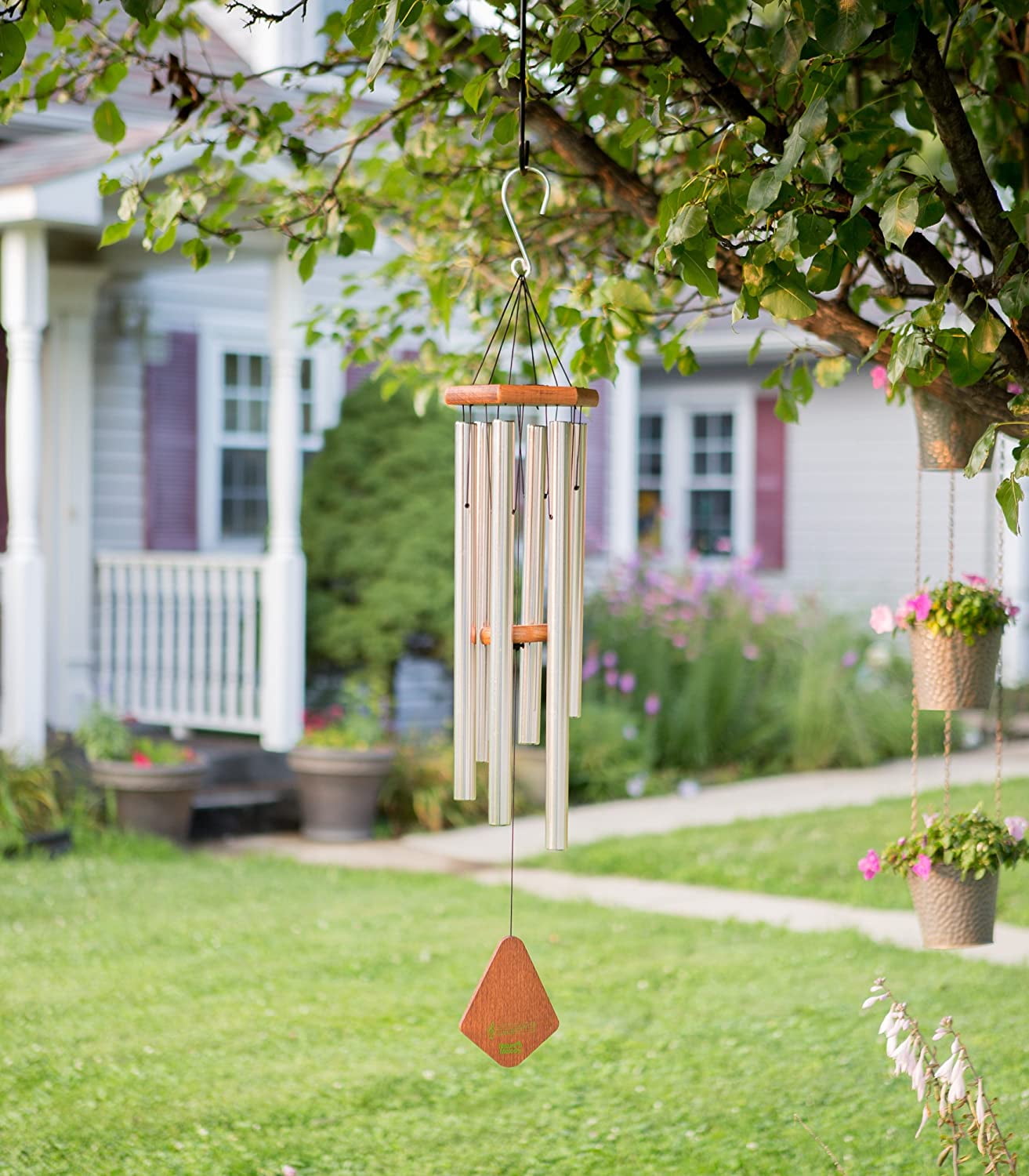 Nature’s Melody Premiere Grande Tunes Wind Chimes – Outdoor Windchime with 6 Tubes Tuned to E Pentatonic Scale, Rustproof Aluminum, Beech Wood & S Hook Hanger for Sympathy, Memorial Gift or Zen Garden