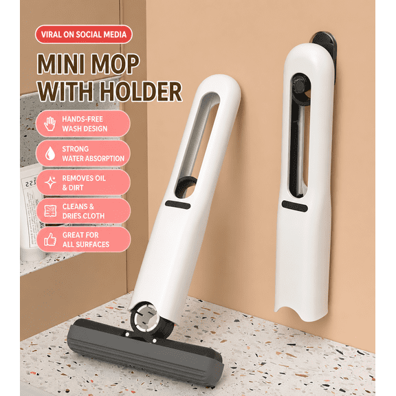 Mini Sponge Mop with Holder, Self-Squeeze Portable Cleaning Mop for Kitchen, Bathroom, Windows, Countertops, Cars & Tile Floors