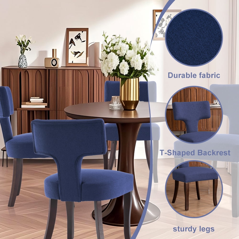 ENYLAY Mid Century Modern Wooden Dining Chairs Set of 2 , Linen Upholstered Armless Wooden Chairs with Curved Backrest for Farmhouse Kitchen/Dining Room (Blue)