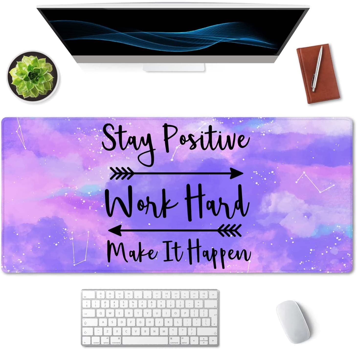 Large Mouse Pad, Full Desk XXL Extended Gaming Mouse Pad 35.5" X 15.7", Stay Positive Work Hard and Make It Happen Inspirational Quotes Mousepad Art Pink Purple Starry Sky Black Quote Desk Mat