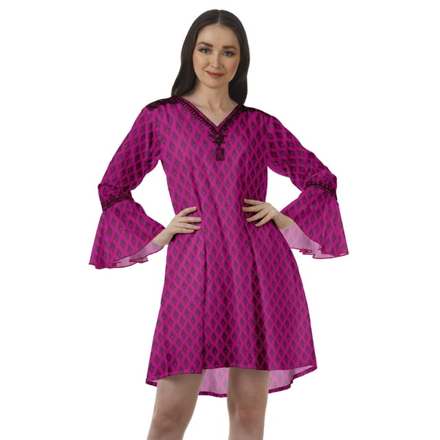 Moomaya Robes Mini Imprimées Col en V Femmes Manches à Volants Robes de Plage Femmes