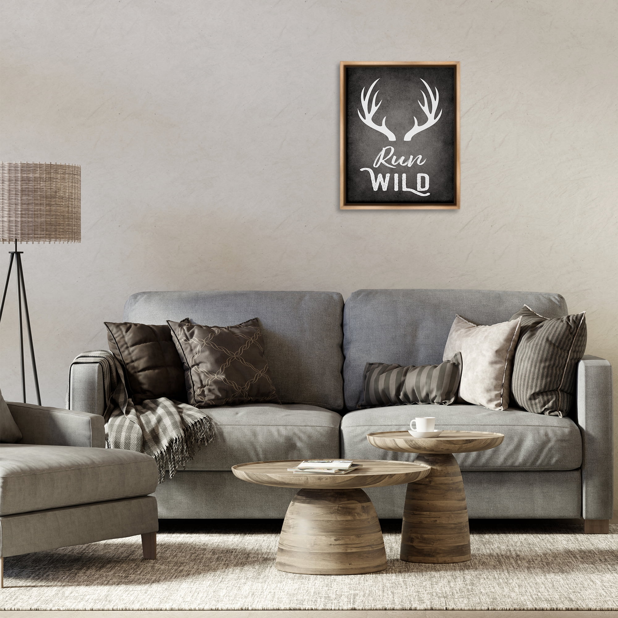 Stupell Industries Run Wild Antlers Typography Painting Brown Floater Framed Canvas Art Print Wall Art, 17 x 21