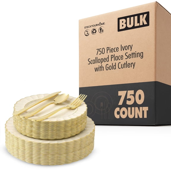 750 Pack Ivory and Gold Scalloped Plastic Dinnerware Set 150 Place Settings with Plates Forks Spoons and Knives for Holiday Dinners and Parties