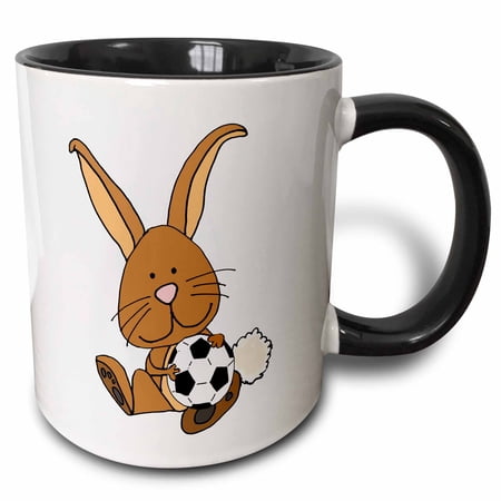 3drose, Funny Cool Brown Bunny Rabbit Playing Soccer Cartoon, 15oz Two-tone Black Mug