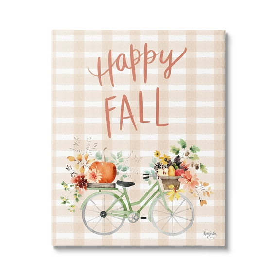 Stupell Industries Happy Fall Plaid Seasonal Flowers Blooming Bicycle Graphic Art Gallery Wrapped Canvas Print Wall Art, Design by Heatherlee Chan