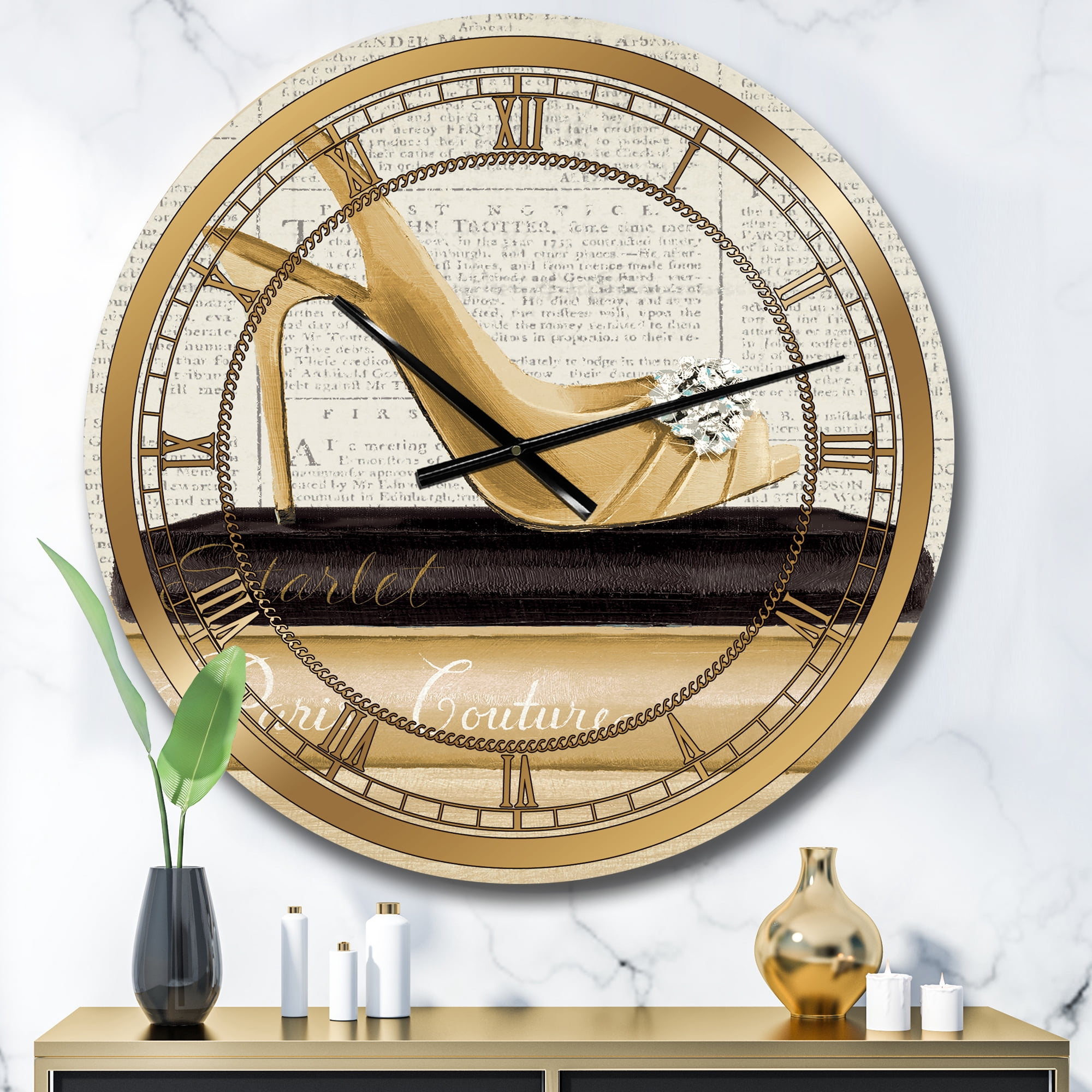 Designart 'Gold Fashion High Hells I' Glam wall clock