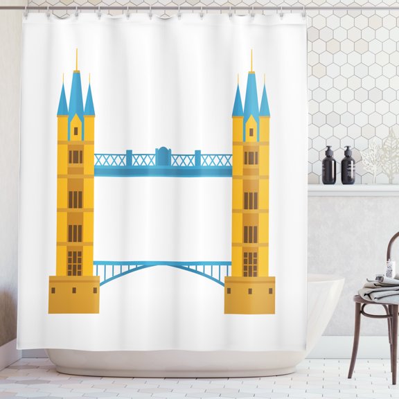 Architecture Shower Curtain, Concrete River Bridge Design with Modern Landscape Elements Travel, Fabric Bathroom Set with Hooks, 69W X 75L Inches Long, Blue and Earth Yellow, by Ambesonne