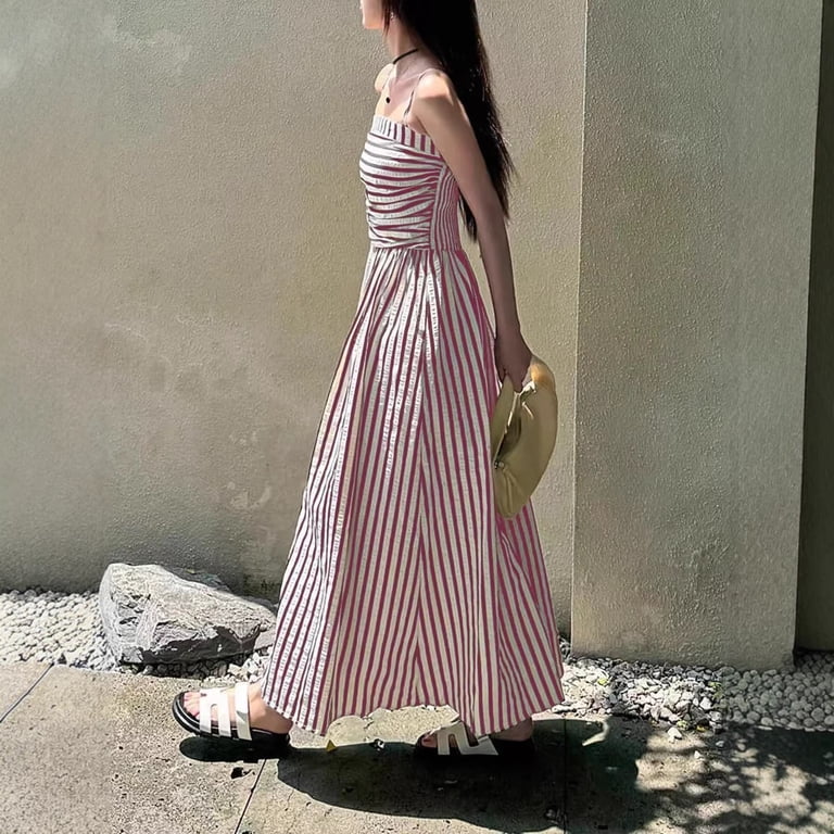 black and white striped a line dress Women's Spaghetti Strap Midi Square Neck Ruched Waist A‑Line Casual Vacation Dress With Pockets length skirt Color:Pool little white dress Cape Detailed Pearl Embroidered