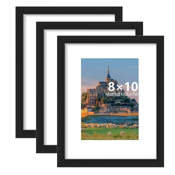 8x10 Picture Frame Set of 3, Display Pictures 5x7 with Mat or 8 x 10 Without,Suitable for Tabletop and Wall Display,Black