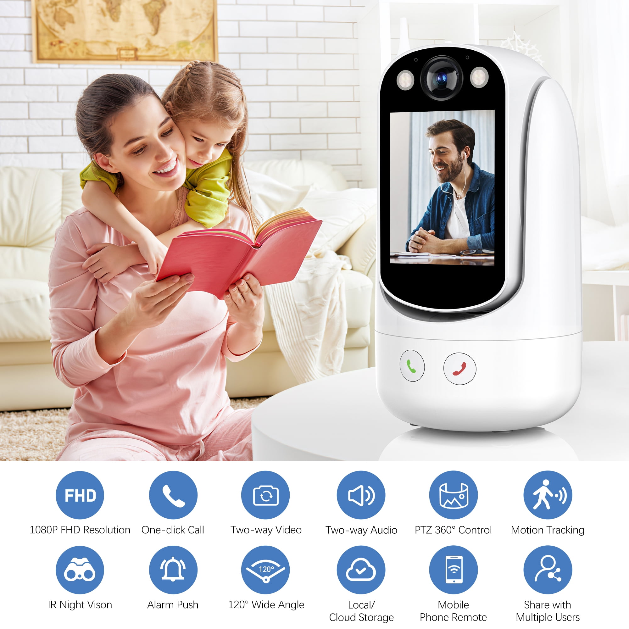 GPED Baby Monitor with Two Way Video Call, 1080P HD Wifi Home Security Camera W/ 2.8” Screen for Baby/Pet Monitor,  One-Click Call & AI Motion Detection & Full-Color Night Vision for Baby Pet Elderly